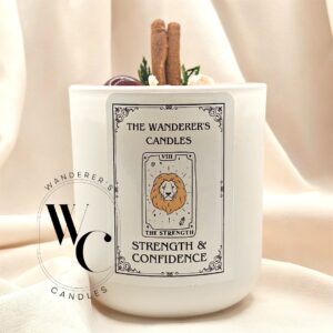 Confidence Intention Candle with lavender and vanilla scent, crystals, and herbs