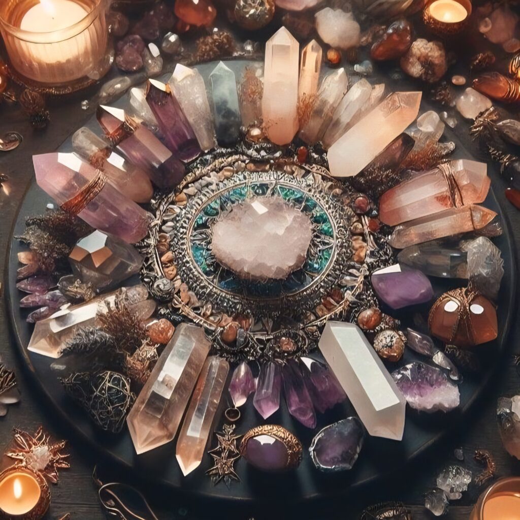 A circle of intention, made with many different crystal towers